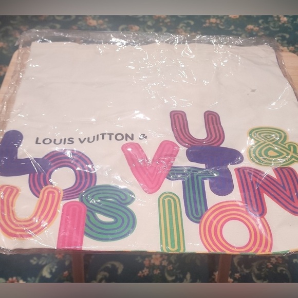 Louis Vuitton Cream Tote with Pink, Green, and Blue Accents New - Picture 2 of 2